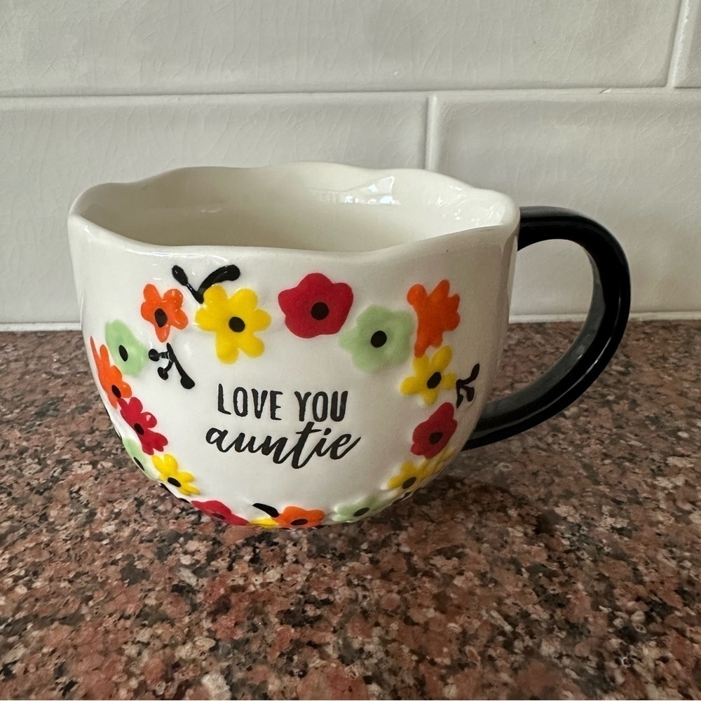 Auntie Coffee Cappuccino Mug 16 oz Floral Hand Painted Scalloped.